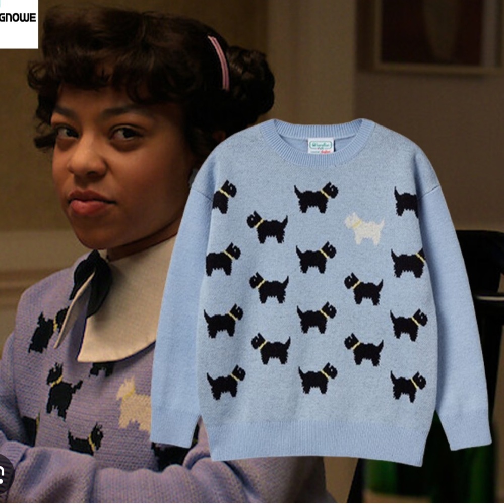Stranger Things Netflix Season 5 Erica Sinclair Dog Print Blue Sweater